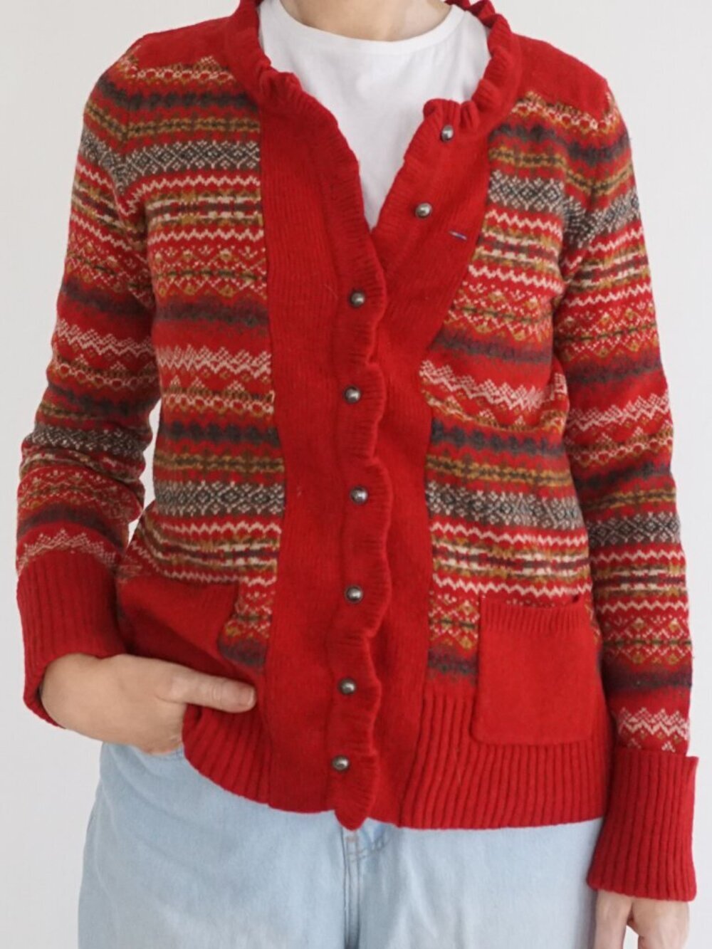Vintage Eddie Bauer Red Fair Isle Nordic Knit Button Cardigan Holiday 70% Wool s
